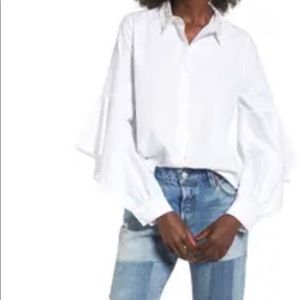 Embellished ruffle sleeve white button down